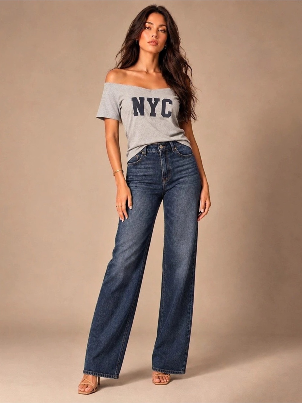 NWT Off-The-Shoulder NYC Graphic Short Sleeve Top - Heather Grey